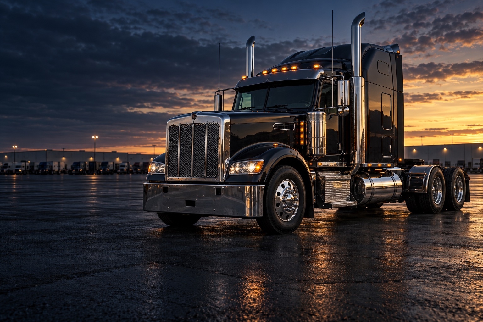 Black heavy-duty semi truck on an industrial yard at dusk